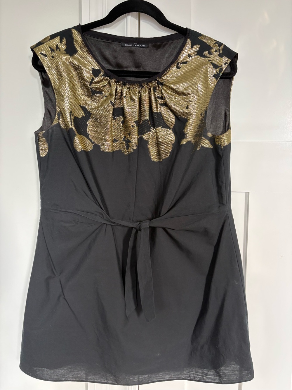 Elie Tahari Black Tunic with Gold Floral Yoke